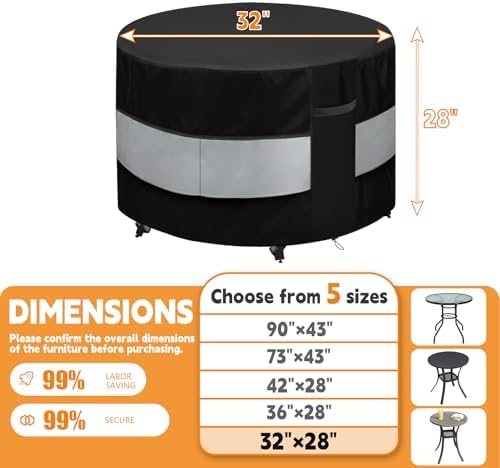 Round Patio Furniture Cover Black Grey Waterproof Up to 10000pa for 32 x 28 Inch Outdoor Round Table Covers - Image 2