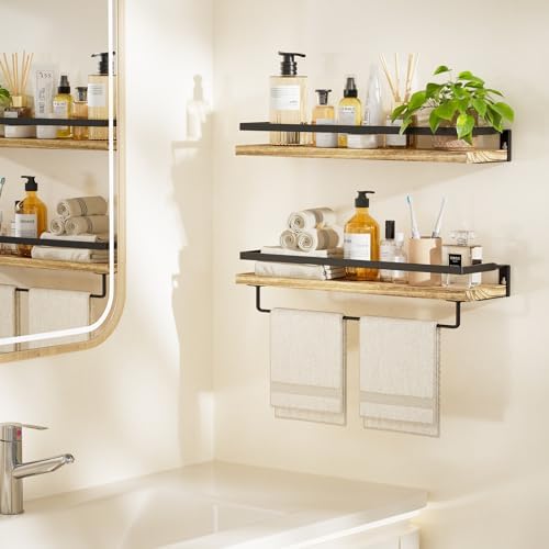 Amada Bathroom Shelves with Towel Bar, Set of 2, Light Brown - Image 2