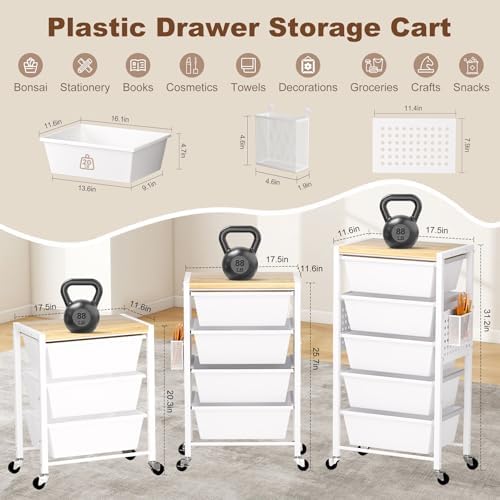 Rolling Cart with Drawers, Rolling Storage Cart with 5 Large Plastic Drawers & Wooden Tabletop, Utility Cart with Pegboards & Basket, Storage Drawers Cart for Living Room, Classroom, Bedroom, Office - Image 2