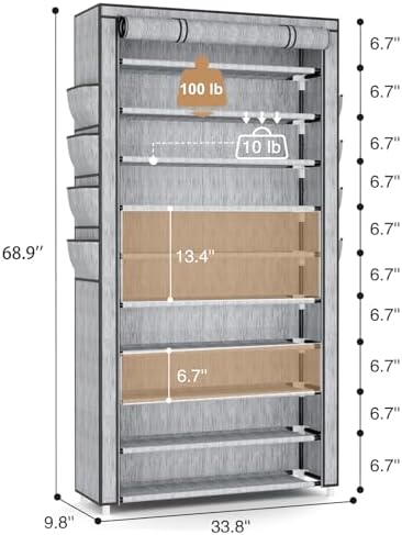 VTRIN Tall Shoe Rack with Cover, 10 Tier Shoe Organizer Storage for 50-55 Pairs Shoes and Boots Large Capacity Shoe Shelf with 8 Pockets Free Standing Shoe Rack for Closet, Entryway, Garage, Printing - Image 3
