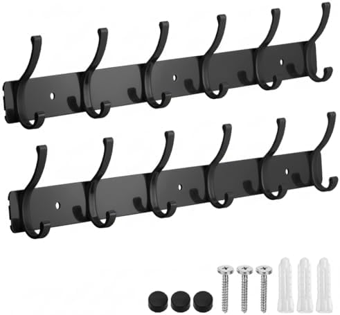 Wall Mount Coat Rack 2 Pack, Black Coat Hooks Hanger with 6 Double Hooks by Dntorx