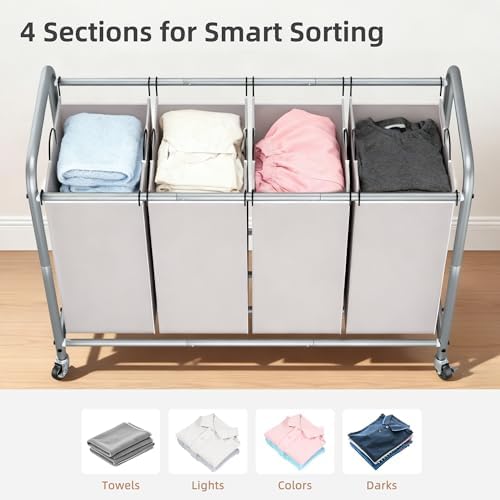 STORAGE MANIAC Laundry Sorter 4 Section, 47.5 Gal (180 L) Laundry Hamper with Wheels, Clothes Divider Basket Sorter, Separator Hamper Cart with Removable Bags, Gray (Pack of 2) - Image 2