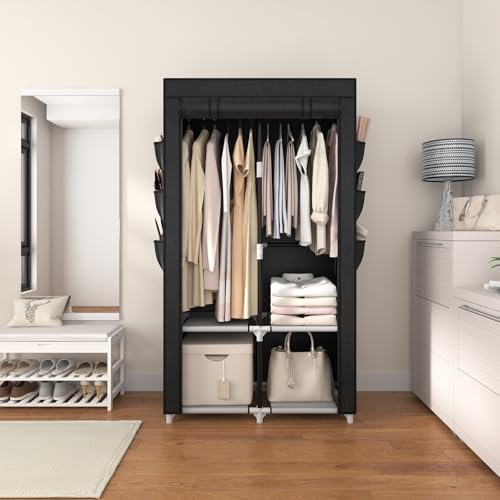 VTRIN Portable Closet Wardrobe Closet for Hanging Clothes with 4 Storage Shelves, 2 Hanging Rods and 6 Pockets, Stable and Easy Assembly Clothes Rack with Cover Free Standing Closet for Bedroom, Black - Image 2