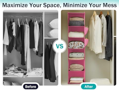 YOUDENOVA Hanging Closet Organizer and Storage, 6-Shelf, Pink | Breathable Fabric, Clothes Organizer with 2 Side Pockets, Hanging Shelves for Closet Storage, Dorm Room Essentials for Guys - Image 5
