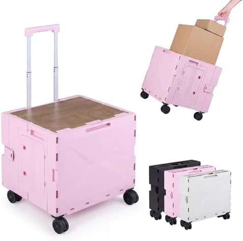 Goplus Foldable Utility Cart, Portable Rolling Crate Handcart with 4 Rotate Wheels, Telescoping Handle, Lid & Cup Holder for Travel, Shopping, Luggage, Grocery, Office & Teacher (Pink) by Goplus