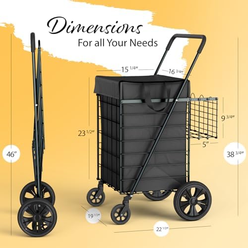 Our Modern Space Shopping Cart w/Waterproof Basket Liner & Large 360° Swivel Wheels | Foldable Collapsible & Lightweight | Perfect for Groceries Laundry Utility Cart - Black - Image 2