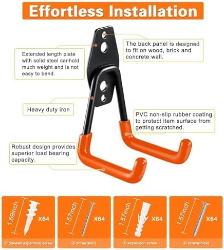 Steel Garage Storage Hooks - 32 Pack Anti-Slip Coating, Heavy Duty Wall Mount Wall Hooks for Hanging Bike, Ladder, Garden Tools, Power Tools, Bulk Items Ropes, Utility Garage Organization Housolution - Image 5