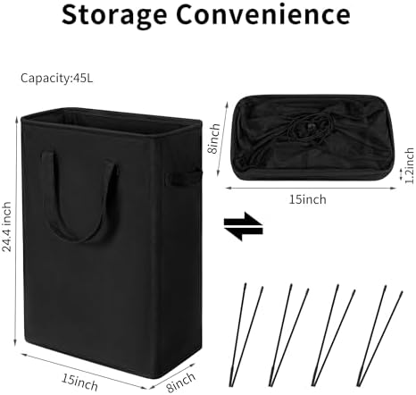 Slim Laundry Hamper With Handles Collapsible Laundry Basket Thin Dirty Clothes Basket Narrow Laundry Bag Foldable Dirty Clothes Hamper 45L (21 inches,Black) - Image 3