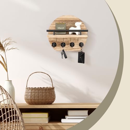 Nekon Key Holder for Wall, 9.8 Inch Round Wall Decor, Wood - Image 6