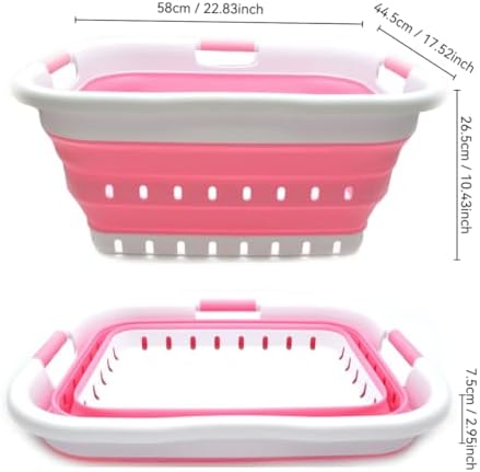 SAMMART 41L Collapsible 3 Handled Plastic Laundry Basket - Foldable Pop Up Storage Container/Organizer - Portable Basket - Space Saving Hamper/Basket (3 handled rectangular, White/Pink) - Image 3