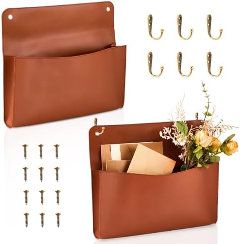 Marspark 2 Set PU Leather Mail Holder Wall Mount 12.2x10.24 Inch Leather Letter Holder 2 Ring Binder Hanging Wall File Organizer Mail Sorter for Decor Storage Letter Postcard Flower Home Office(Brown) by Marspark