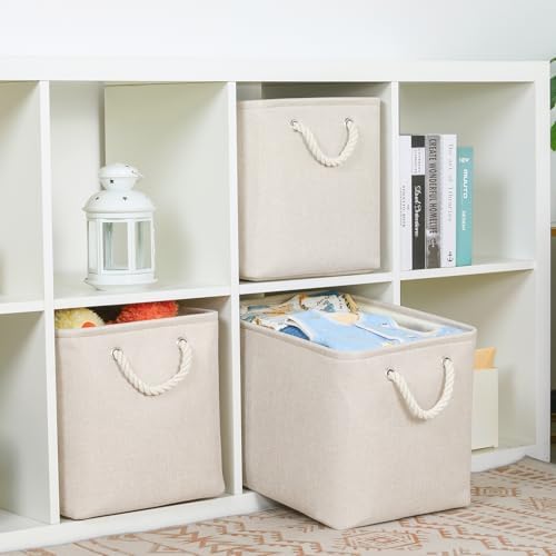 Bidtakay Large Storage Baskets for Shelves 3 Pack Fabric Storage Bins for Organizing Linen Collapsible Organizer for Closet-Light Biege - Image 4