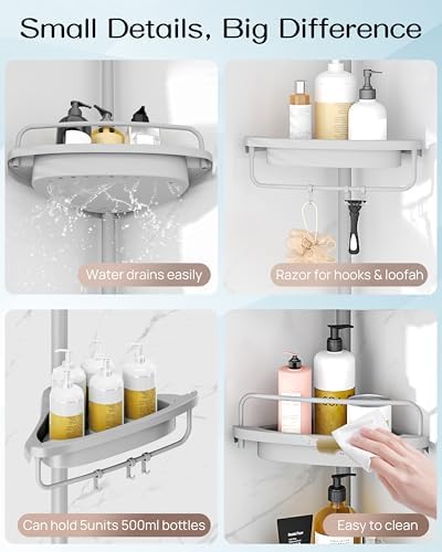 ALLZONE Corner Shower Caddy Tension Pole, Extendable Rustproof Stainless Steel Pole & 4-Tier Adjustable Shelves for Easy Drainage and Built-to-Last Stability, 34 to 116 Inches, Grey - Image 6