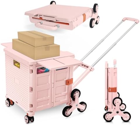 Foldable Utility Cart with Stair Climbing Wheels,Collapsible Rolling Crate with Magnetic Lid Telescopic Cover,Adjustable Telescoping Handle,360° Rotate Wheel Hand Cart for Teacher Shopping Moving by ZIYOULANG