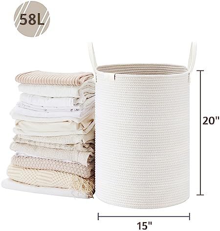 VIPOSCO 58L Tall Woven Rope Laundry Hamper, Leather Handles, White - Image 5