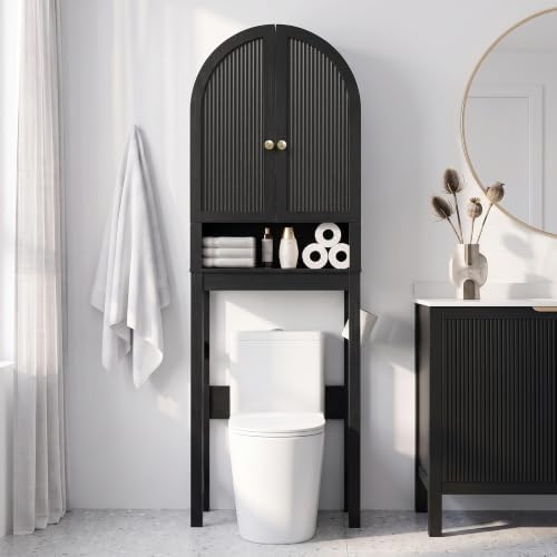 HMstone Over The Toilet Storage Cabinet, Arched Bathroom Organizer and Storage with Doors and Adjustable Shelf, Space-Saving Freestanding Bathroom Modern Storage Cabinet Over Toilet (Black) - Image 3