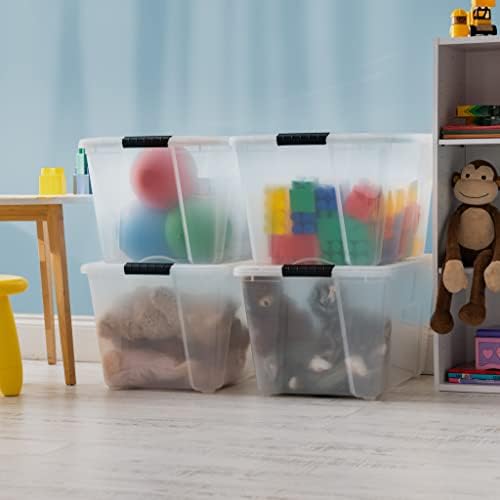 IRIS USA 51 L (54 QT) Plastic Storage Box with Lid and Latches - 4 Pack - BPA-Free, See-Through Organizing Solution, Durable Nestable Stackable Containers, Secure Pull Handle - Clear - Image 4