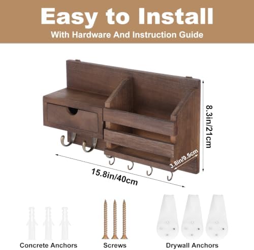 Wall Mount Key Holder with Mail Organizer Mail and Key Organizer with 7 Metal Hooks Storage Drawer Small Shelf Entryway Home Decor Rack Entry WayOrganizer for Coat Dog Leash - Image 2