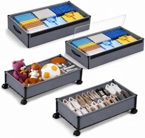 OMAIRA Under Bed Storage with Wheels, Underbed Shoe Storage Organizer with Clear Lids,& Rolling Drawers for Clothes, Shoes, Toys – Multi-Use Storage Bins and Drawers, 2-Pack Splittable into 4-Pack by OMAIRA