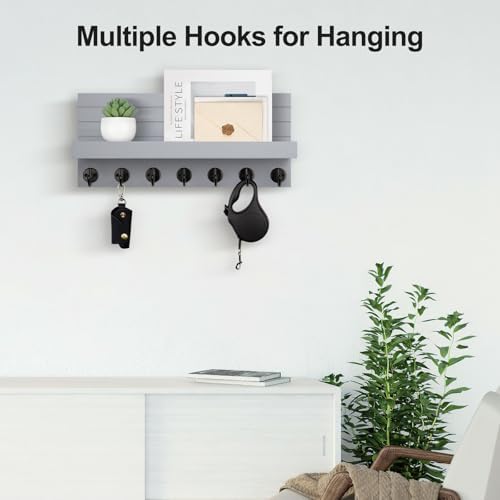 Lwenki Key Holder Wall Mount, Entryway Key and Mail Holder with 7 Sturdy Hooks for Sunglasses, Dog Leash, Decorative Wall Shelf with Mounting Hardware, 15”W x 6.7”H x 4.2”D (Gray) - Image 4