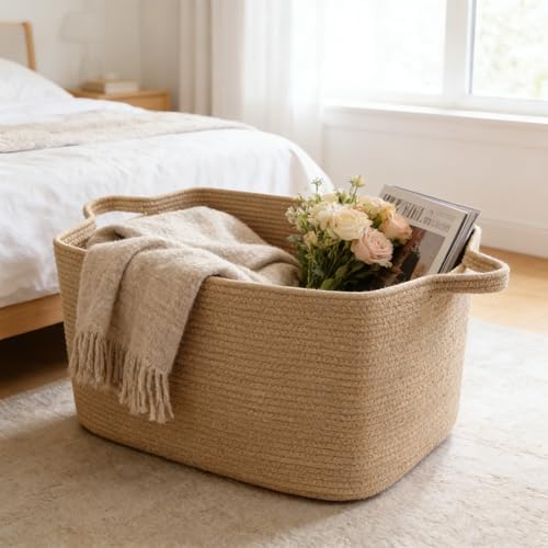 96L Woven Laundry Basket with Handles, Extra Blanket Basket,Jute - Image 4