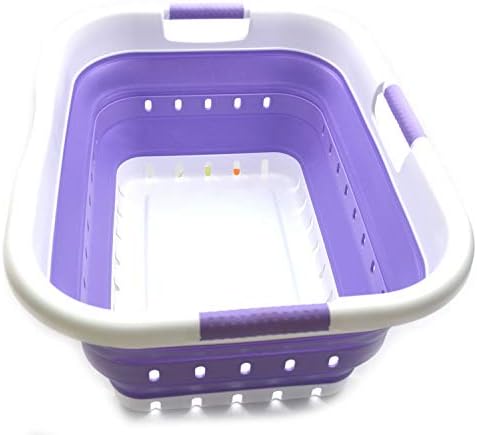 SAMMART 41L Collapsible 3 Handled Plastic Laundry Basket - Foldable Pop Up Storage Container/Organizer - Portable Basket - Space Saving Hamper/Basket (3 handled rectangular, White/Lt. Purple) by SAMMART