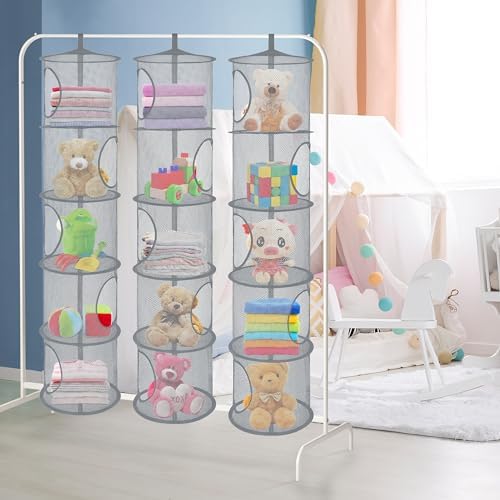 3Pcs Hanging Stuffed Animal Storage Hammock Net 5 Tiers, Grey - Image 5