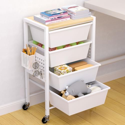 Rolling Cart with Drawers, Rolling Storage Cart with 4 Large Plastic Drawers & Wooden Tabletop, Utility Cart with Pegboards & Basket, Storage Drawers Cart for Living Room, Classroom, Bedroom, Office by Unknown
