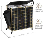 Laundry Basket with Wheels, Heavy Duty Laundry Sorter 3 Sections, 140L (37Gal.) Large Capacity Hamper with Wood Lid, 360 Rolling Wheels, Extra Side Pocket, Leather Pull Handle,Golden+Black - Image 3