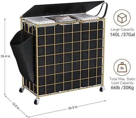 Laundry Basket with Wheels, Heavy Duty Laundry Sorter 3 Sections, 140L (37Gal.) Large Capacity Hamper with Wood Lid, 360 Rolling Wheels, Extra Side Pocket, Leather Pull Handle,Golden+Black - Image 3