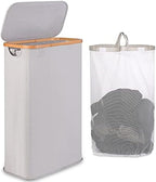 65L Slim Laundry Hamper, Narrow Laundry Basket with Lid,Foldable Clothes Hamper with Bamboo Handles,Hamper Basket with Removable Inner Bag for Laundry Room Bedroom College Dorm,17.17 Gals（Light Grey） by iEGrow