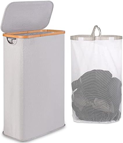 65L Slim Laundry Hamper, Narrow Laundry Basket with Lid,Foldable Clothes Hamper with Bamboo Handles,Hamper Basket with Removable Inner Bag for Laundry Room Bedroom College Dorm,17.17 Gals（Light Grey） by iEGrow