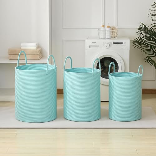 Laundry Basket Hamper Tall Rope Storage Woven for Blanket toys Dirty Clothes in Living Room Bathroom Bedroom (Cyan, 100L/26.4Gal) - Image 7