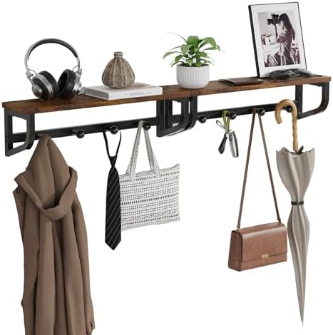 Coat Rack Wall Mount, Wood Wall Shelf with Hooks, Coat Hanger Wall Mount with 4 Metal Hooks, Wall Mounted Coat Rack Organizer for Entryway, Bedroom, Living Room, Room Decor, Brown 2 Pack by NANAGIFTREE