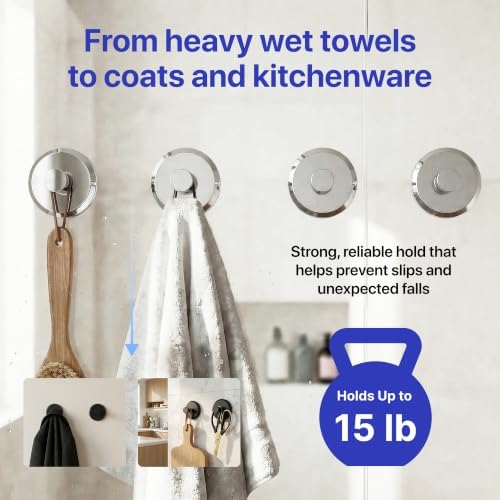 HOME SO Suction Cup Hooks for Shower & Bathroom Towel Holder 4-Pack Chrome - Image 4