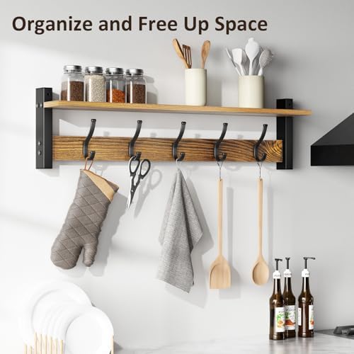 Optish Coat Rack Wall Mount with Shelf, 29 Inch Coat Hanger Walls Mounted, Hat Rack for Walls, Shelf with 5 Coat Hooks, Wall Hanger for Entryway (Brown) - Image 6