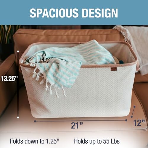 Collapsible Fabric Laundry Basket Premium, Cream Herringbone, 2 Pack - Image 3