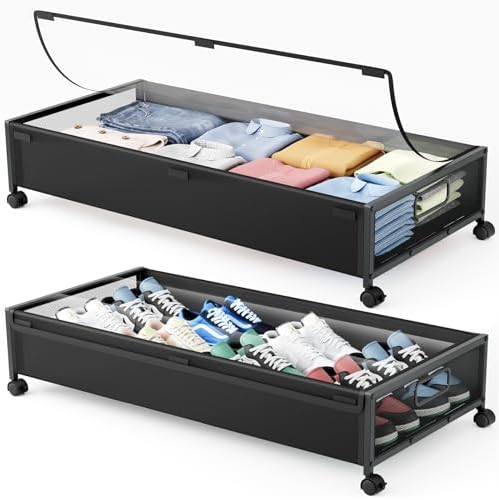 Under Bed Storage Containers with Wheels 2 Pack Underbed Shoe Storage Bedroom Storage Bins Organizer Large Capacity Under Bed Storage with Lid for Clothes Shoes Toys Blankets (Black) by LeArex