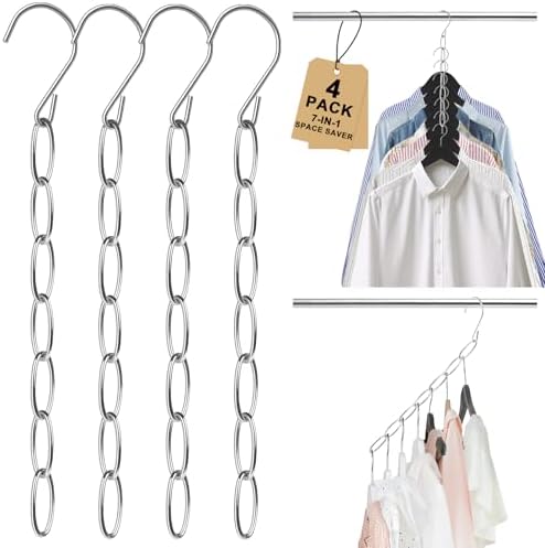 Space Saving Hangers, 4 Pack Metal 7-Loop Clothing Chain Hanger Organizer, Collapsible Closet Space Saver for Clothes, Small Closet Organizers and Storage for Dorm, Home, RV, Travel, Wrinkle Reducing by Hydro2Go