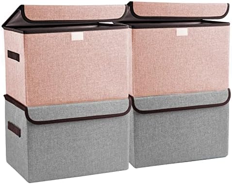 Bagnizer Linen Fabric Foldable Storage Cube Bin Organizer Basket with Flip-Top Lid & Handles, Large Clothes Blanket Box for Home, Office, Closet, Gray & Pink, 4 Pack 14.6 x 9.5 x 9.5” by Bagnizer
