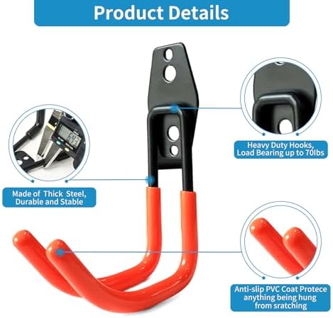 GeeWatom Garage Storage Utility Hooks，Garage Garden Tool Organizer，Steel Wall Mount Hooks, Large Garden U Hooks （2 Pack） (Type-2-Orange) - Image 3