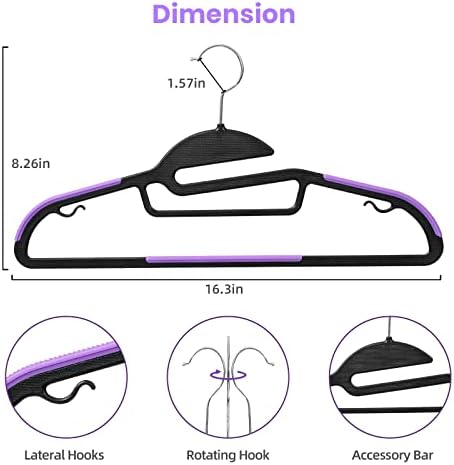 BAGAIL Plastic Hangers 50 Pack with Non-Slip Design,0.2 Inches Thick, 360°Swivel Hook Space Saving Organizer for Bedroom Closet,Shirts,Pants(Purple- S Shaped) - Image 2