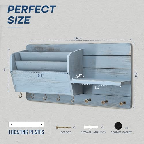 Rebee Vision Pine Wood Key Holder Wall Mount with Mail Slot & 8 Hooks, Blue - Image 2