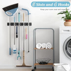 Black Broom Holder Wall Mount - Heavy Duty Wood Mop and Broom Organizer with 5 Slots & 4 Hooks - Sturdy Garden Tool Hanger for Laundry Room Closet Kitchen Garage Storage and Organization - Image 2