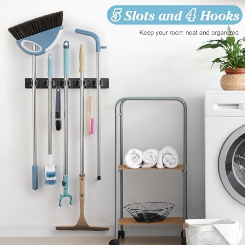 Black Broom Holder Wall Mount - Heavy Duty Wood Mop and Broom Organizer with 5 Slots & 4 Hooks - Sturdy Garden Tool Hanger for Laundry Room Closet Kitchen Garage Storage and Organization - Image 2