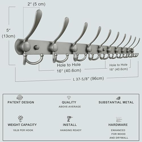 Dseap Coat Rack Wall Mount - 38” Long 10-Tri-Hooks Heavy Duty Coat Hanger Rail Wall Hooks for Hanging Coats Hats Clothing Clothes Purse Mudroom Entryway, Gray - Image 6