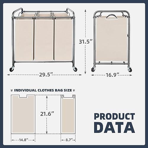 STO STO Laundry Sorter 3 Section, 3 Bag Clothes Hamper, Rolling Laundry Cart Basket with Heavy Duty Lockable Wheels and Removable Bag for Laundry Room, Bedroom, Closet, Beige - Image 6