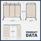 STO STO Laundry Sorter 3 Section, 3 Bag Clothes Hamper, Rolling Laundry Cart Basket with Heavy Duty Lockable Wheels and Removable Bag for Laundry Room, Bedroom, Closet, Beige - Image 6