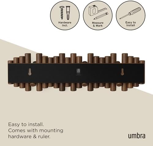Umbra Picket Coat Rack, Wall Mount 8 Flip-Down Coat Hooks, Walnut - Image 6