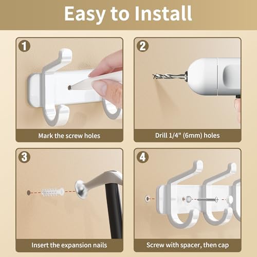 Coat Rack Wall Mount Heavy Duty, Wall Coat Hanger with Hooks, White 1 Pack - Image 4